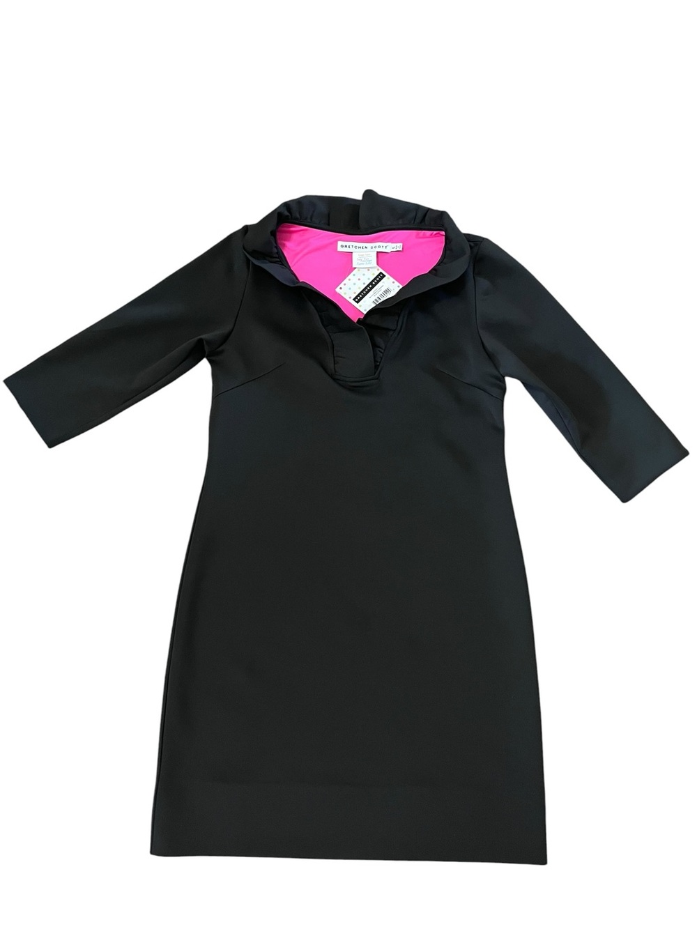 Gretchen Scott Black & Pink Ruffle Neck Jersey Dress - Size Large NWT - Picture 3 of 13